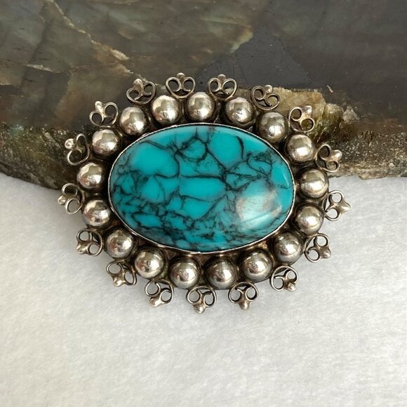 Vintage Sterling Silver 925 Southwest Style Filigree Oval Faux Turquoise Brooch - Picture 5 of 16